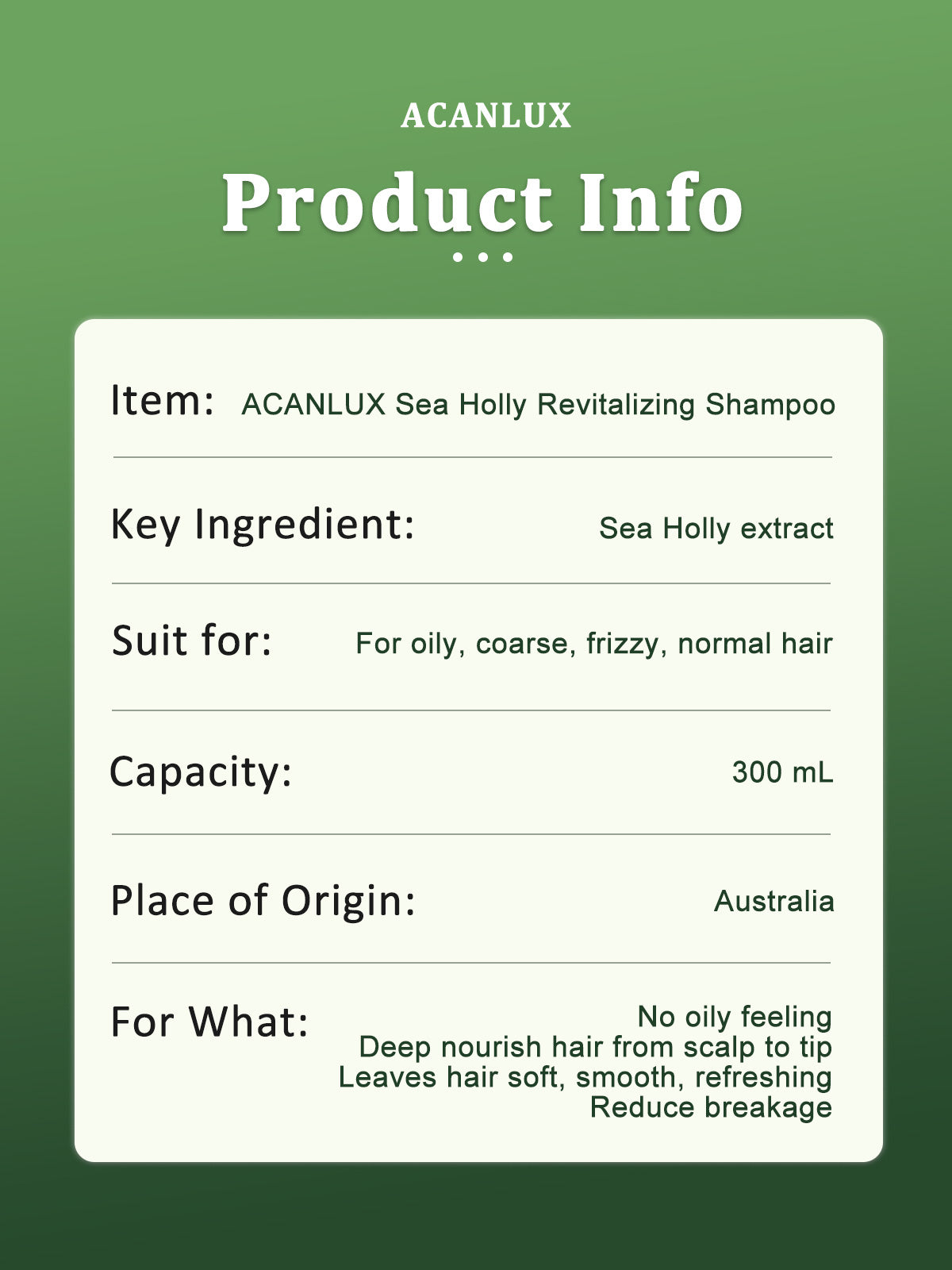 ACANLUX AHL-001 revitalize natural shampoo sea holly oily all hairs